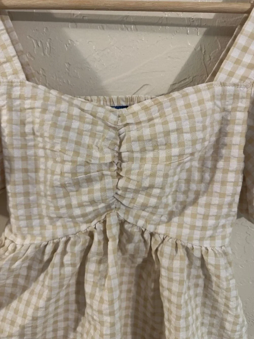 Old Navy Beige and White Gingham Puff Sleeve Peplum Top